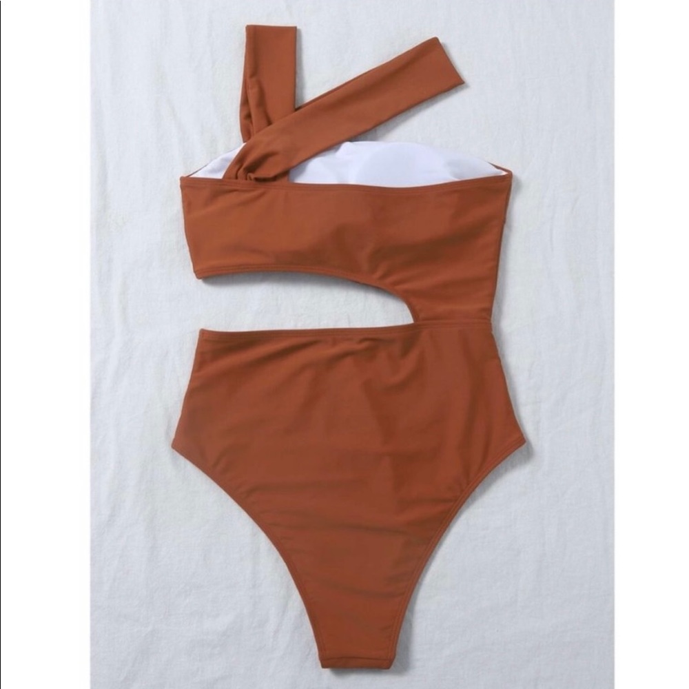 NEW! Boho Rust Cut Out One Shoulder One Piece - Picture 3 of 3